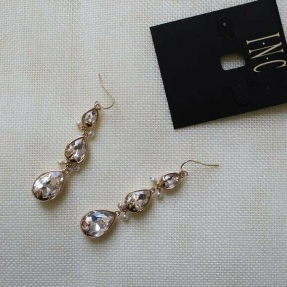 Gold-Tone Crystal & Imitation Pearl Triple Drop Earrings - Picture 6 of 7